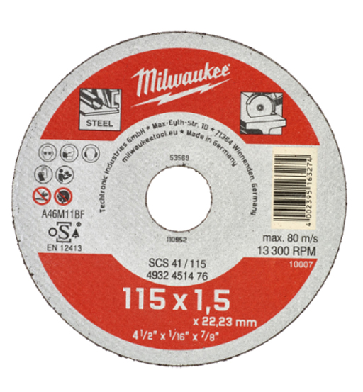 THIN METAL CUTTING DISCS 41 / 115 X 1.5 X 22 MM CONTRACTOR SERIES MILWAUKEE