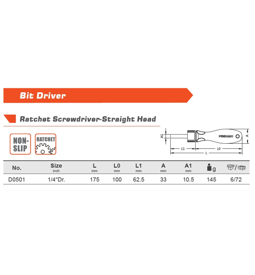 RATCHET SCREW DRIVER 1/4" DR STRAIGHT FIXMAN view 2