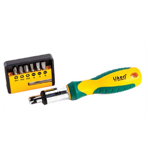 RATCHET SCREW DRIVER SET 6PCS (6.35X25MM) FLAT(4MM,5MM,6MM) - STAR(PH1, PH2, PH3) UKEN